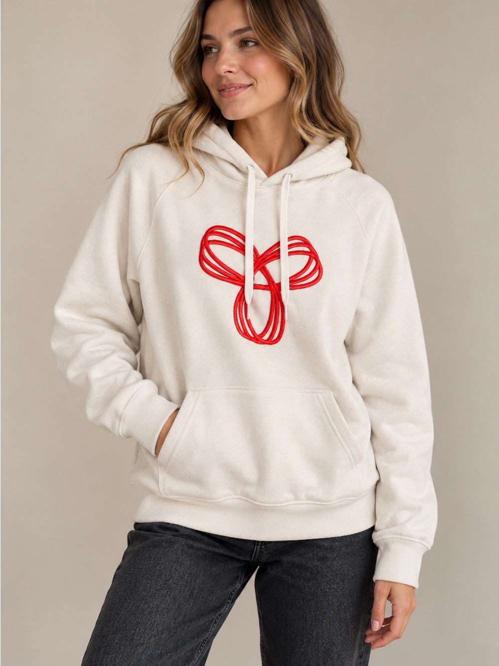 TNA by Aritzia Cream Hoodie with Red Embroidered Logo | XL